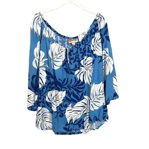 Hilo Hattie Tropical Print Peasant Top Women's XXL Blue Leaf Print